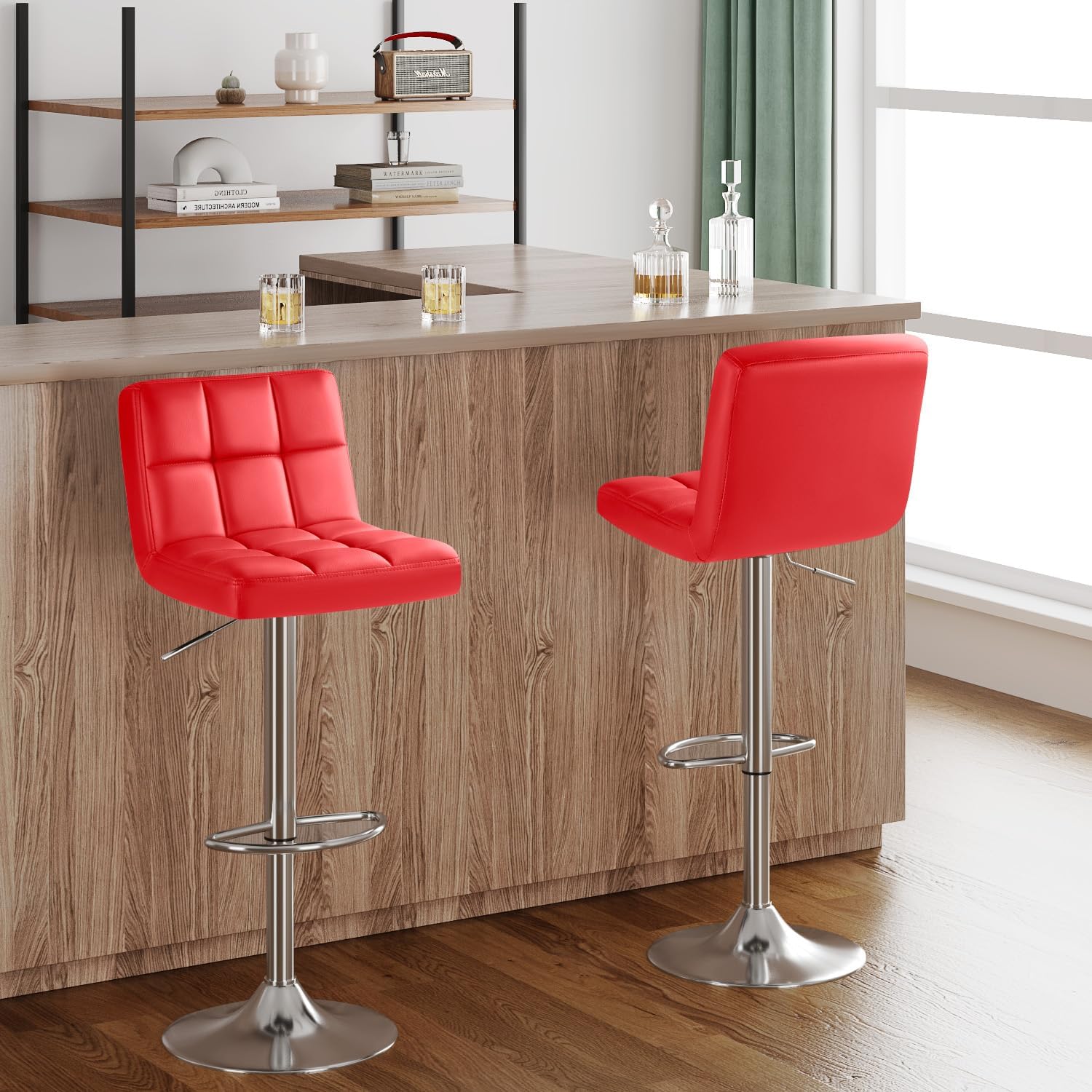 Furmax Bar Stools Modern Pu Leather Swivel Adjustable Hydraulic Bar Stool Square Counter Height Stool Set of 2 (White)