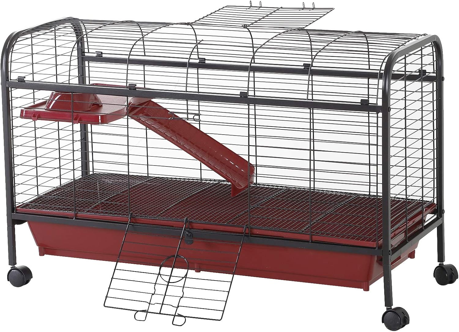 PawHut 41" L Small Animal Cage Rabbit Hutch with Feeder, Rolling Wheels Red