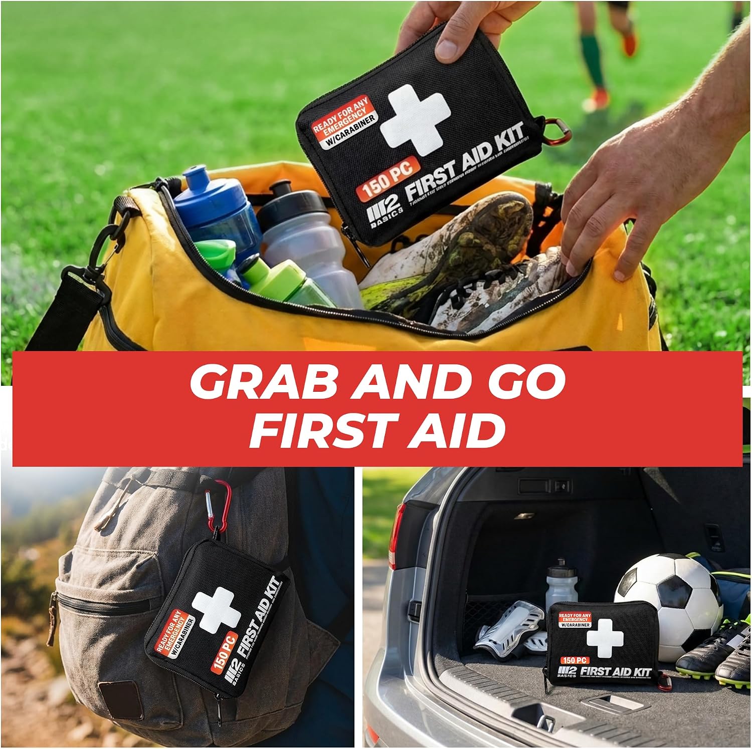M2 BASICS 150 Piece Premium First Aid Kit, Compact Bag for Purse & Travel | On-The-Go Emergency Use, Backpack, Glove Box, Luggage, Carry-On, School