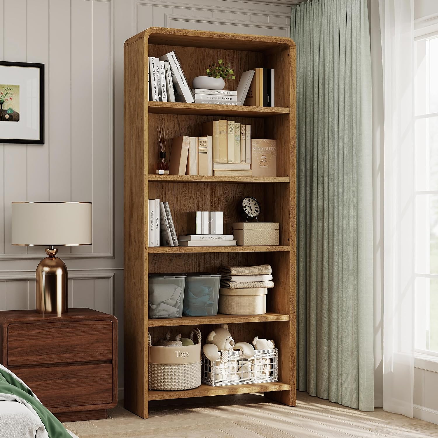 Bevfint 44" Bookcase Tall 3 Shelves Wood Bookshelf with Curved Soft Edges, Heavy Duty Storage Cabinet for Professional Home Office and Living Room, Modern Natural Oak Grain Finish