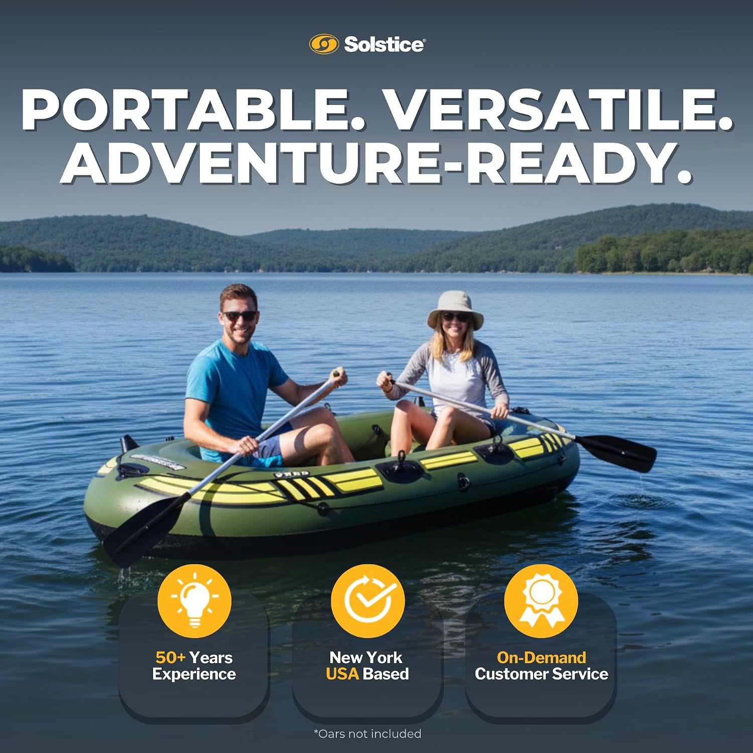 Solstice Voyager 4-Person Inflatable Fishing Boat with Dual Swivel Oar Locks and Rod -Holder, Motor Compatible 9' x 5'