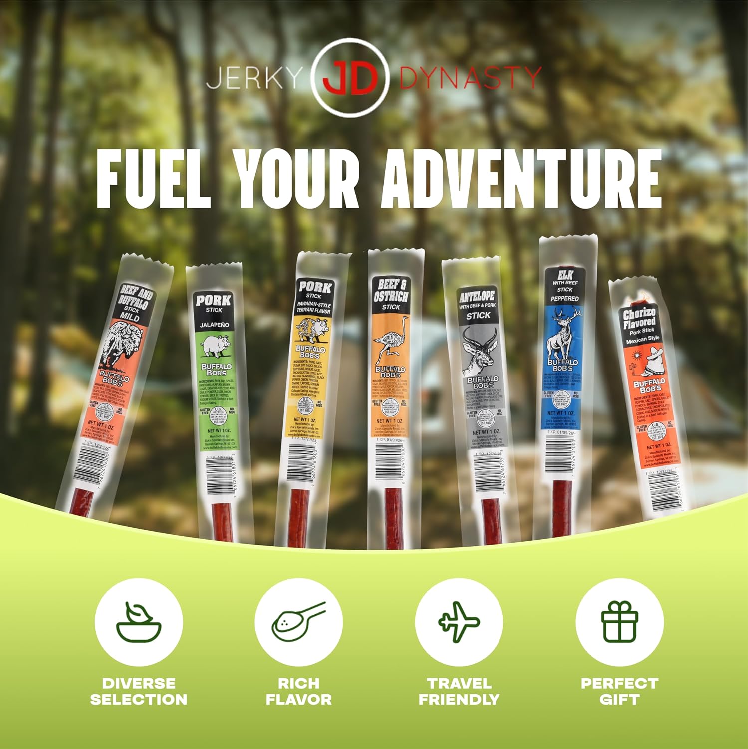 Jerky Dynasty The Ultimate 27-Piece Exotic Jerky Gift Set - Buffalo Bob's Wild Game Jerky Variety Pack - Exclusive Flavors & Protein Snack