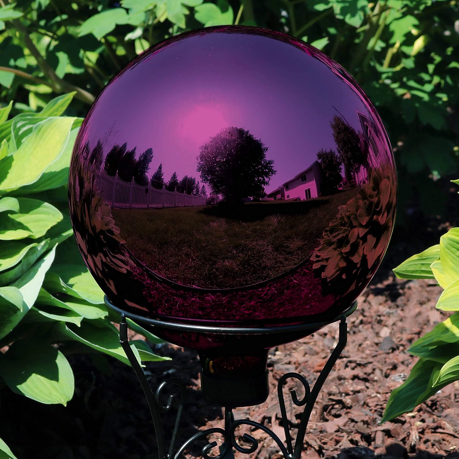 Sunnydaze 10-Inch Handblown Mirrored Glass Gazing Ball, Red | Reflective Outdoor Garden Globe Sphere, for Yard, Patio, Flower Bed, Walkway, and Landscape Decor, Stainless Steel Finish