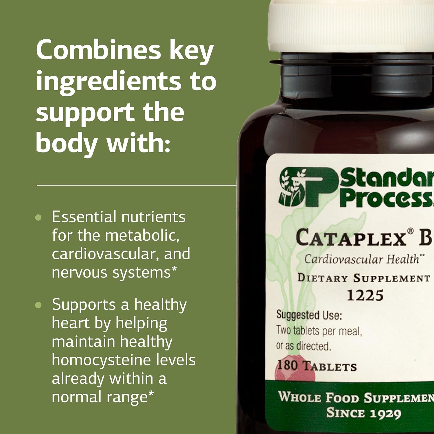 Standard Process Cataplex B - Nervous System & Heart Health Supplement - Contains B Vitamins for Energy Support - Supports Energy Metabolism - Non-Dairy & Non-Soy - 180 Tablets (90 Servings)