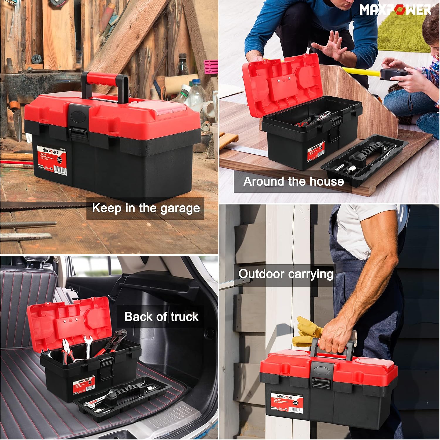 MAXPOWER Small Tool Box, 14-inch Plastic Tool Boxes with Handle | Removable Tray with Dual Lock Secured, Red Toolbox for Home