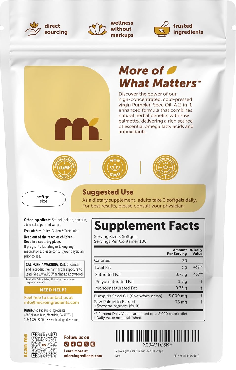 Micro Ingredients Pumpkin Seed Oil with Saw Palmetto, 300 Softgels | Cold Pressed, Pure Virgin Oil with Essential Fatty Acids & Phytosterols. For Men & Women. Non-GMO, Gluten Free.