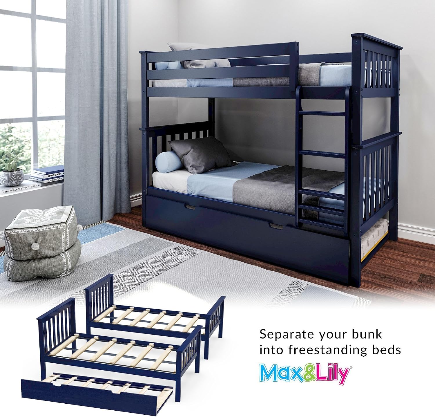 Max & Lily Bunk Bed Twin over Twin, Solid Wood Bunk Bed Frame with Ladder for Kids, 14" Safety Guardrails, Easy Assembly, No Box Spring Needed, White