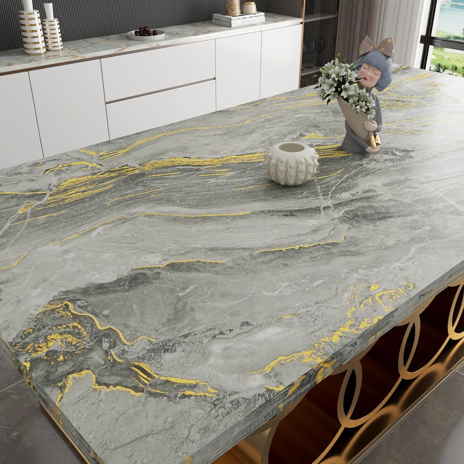 Yenhome Marble Countertop Contact Paper Waterproof Beige Gold Grey Marble Contact Paper for Countertops 17.7"X118" Self Adhesive Marble Wallpaper for Kitchen Matte Peel and Stick Countertop Wrap Vinyl