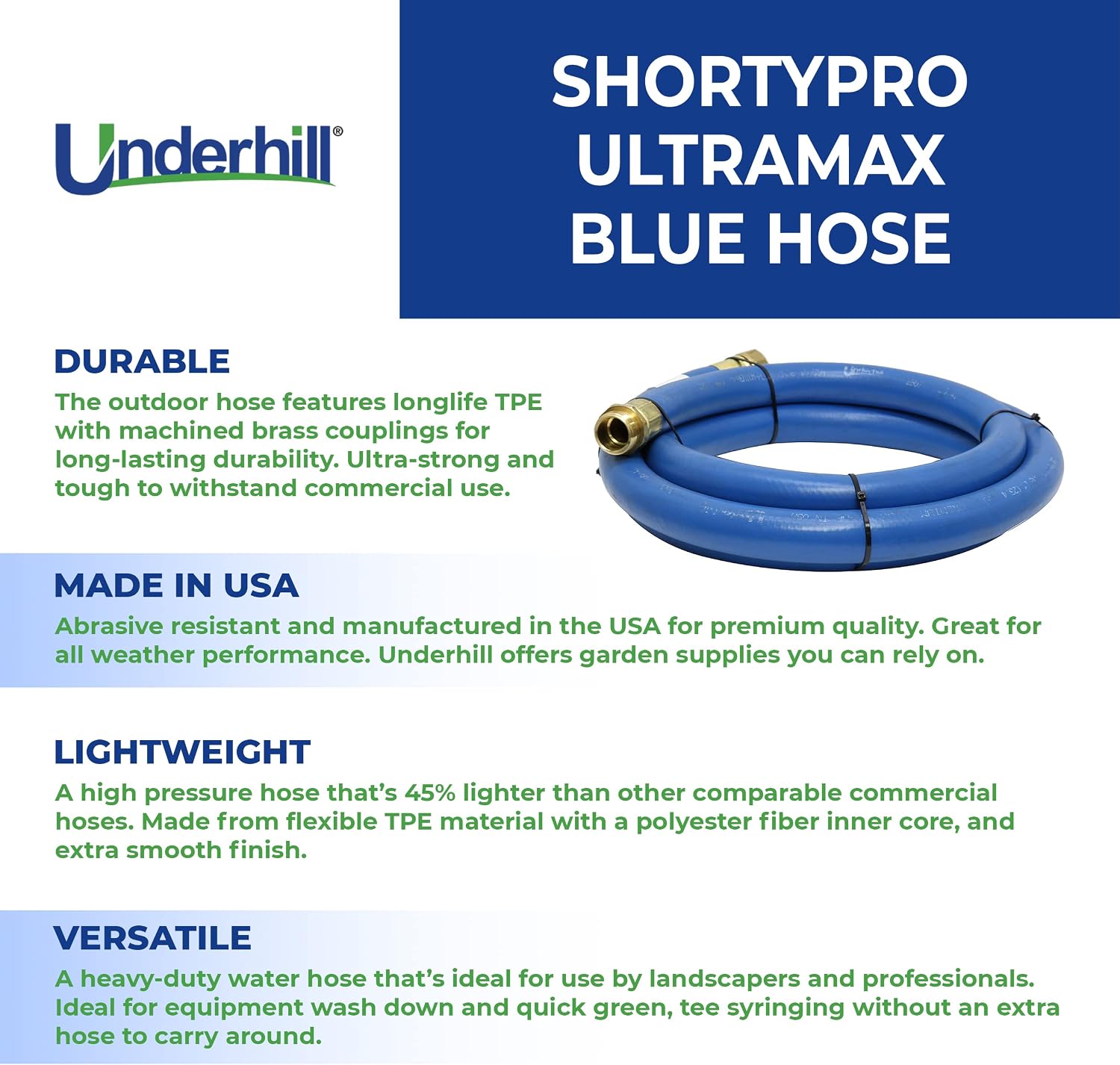 UltraMax Commercial Garden Water Hose 50 ft, Lightweight, Flexible, Anti-Kink, All Weather, 1200 psi, H75-050B, 3/4 Inch x 50 ft, Blue
