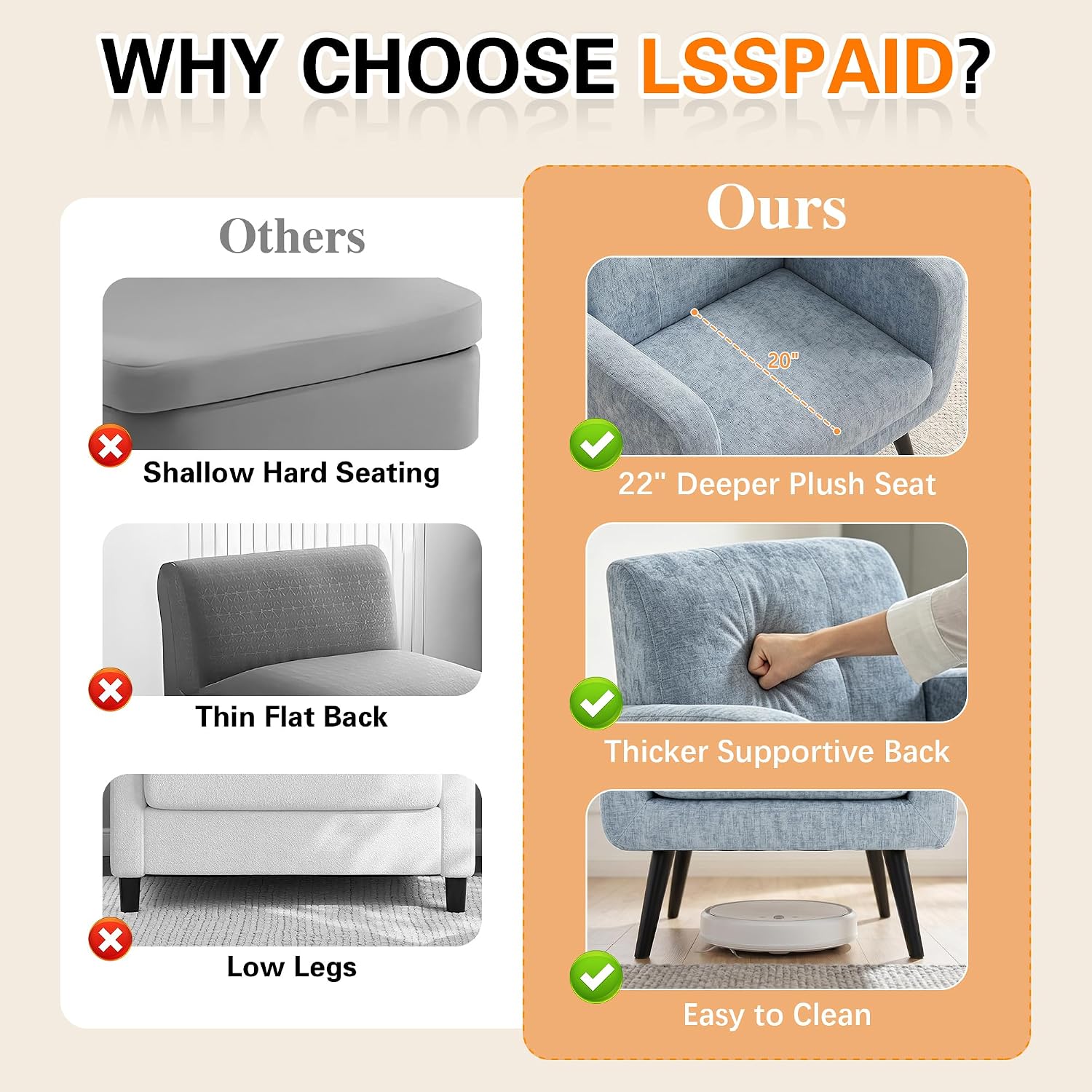 LSSPAID Modern Accent Chairs, Upholstered Fabric Cozy Armchairs, Living Room Side Chair with Solid Wood Legs, Blue