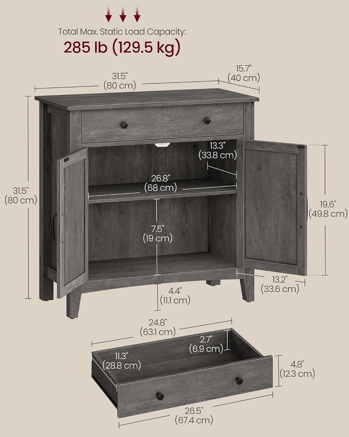 VASAGLE LIRY Collection - Storage Cabinet, Buffet Cabinet, Sideboard, Credenza, with Adjustable Shelves, for Entryway, Rustic White and Honey Brown ULSC381W01