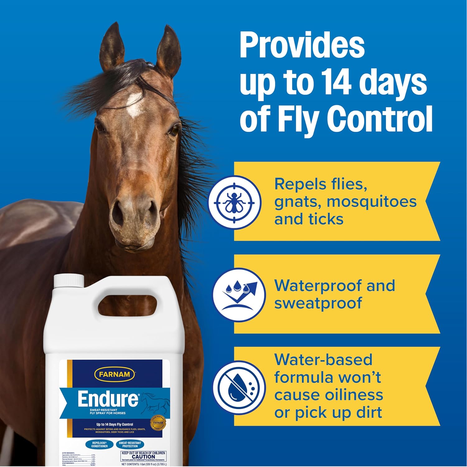 Farnam Endure Fly Spray for Horses, Sweat-Resistant, 128 oz, Gallon Refill