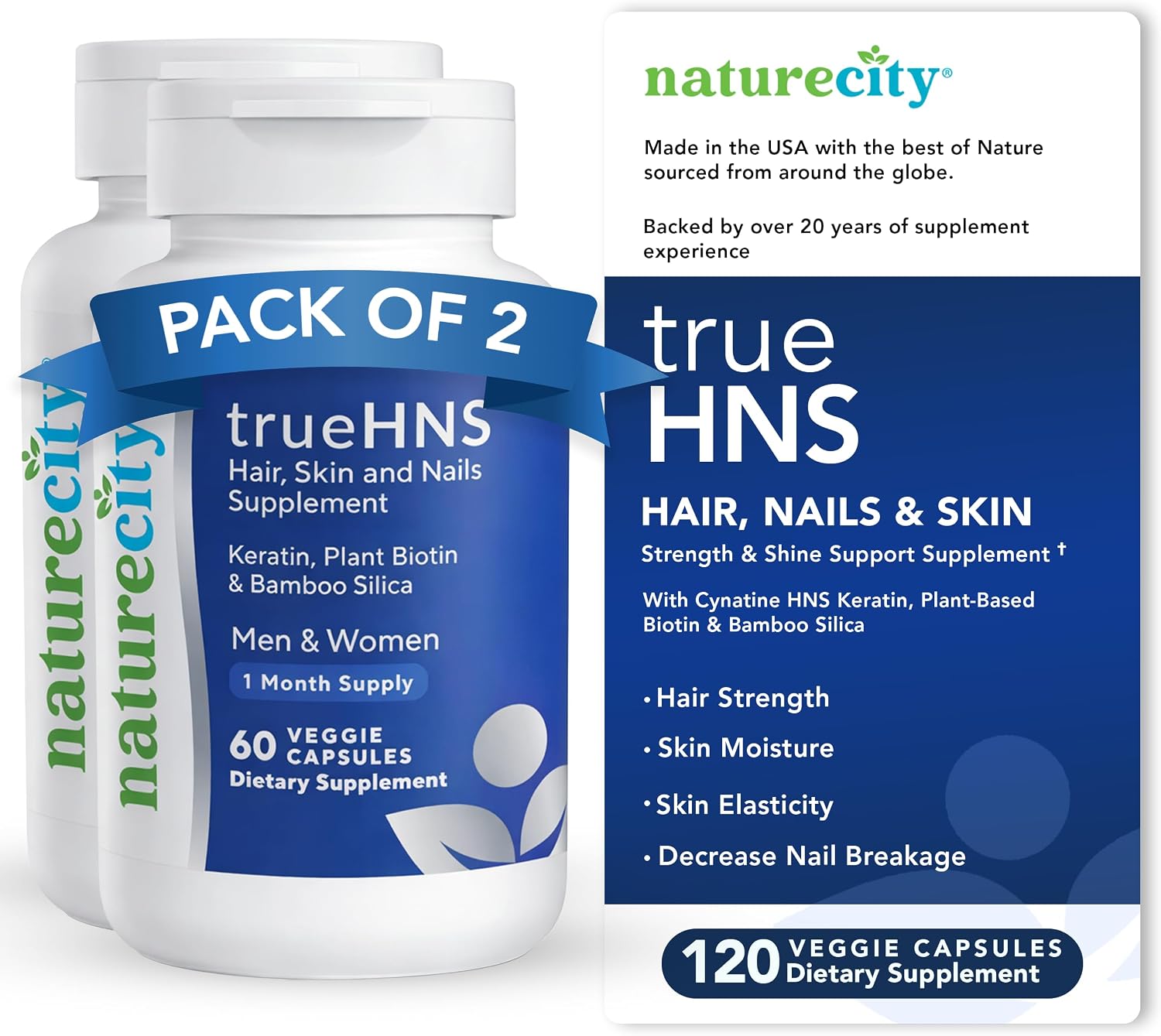 NatureCity True-HNS Hair Nails and Skin Cynatine Keratin and Plant Based Biotin Vitamin Supplement | Fuller and Stronger Hair and Nails | Non GMO | 60 Veggie Capsules