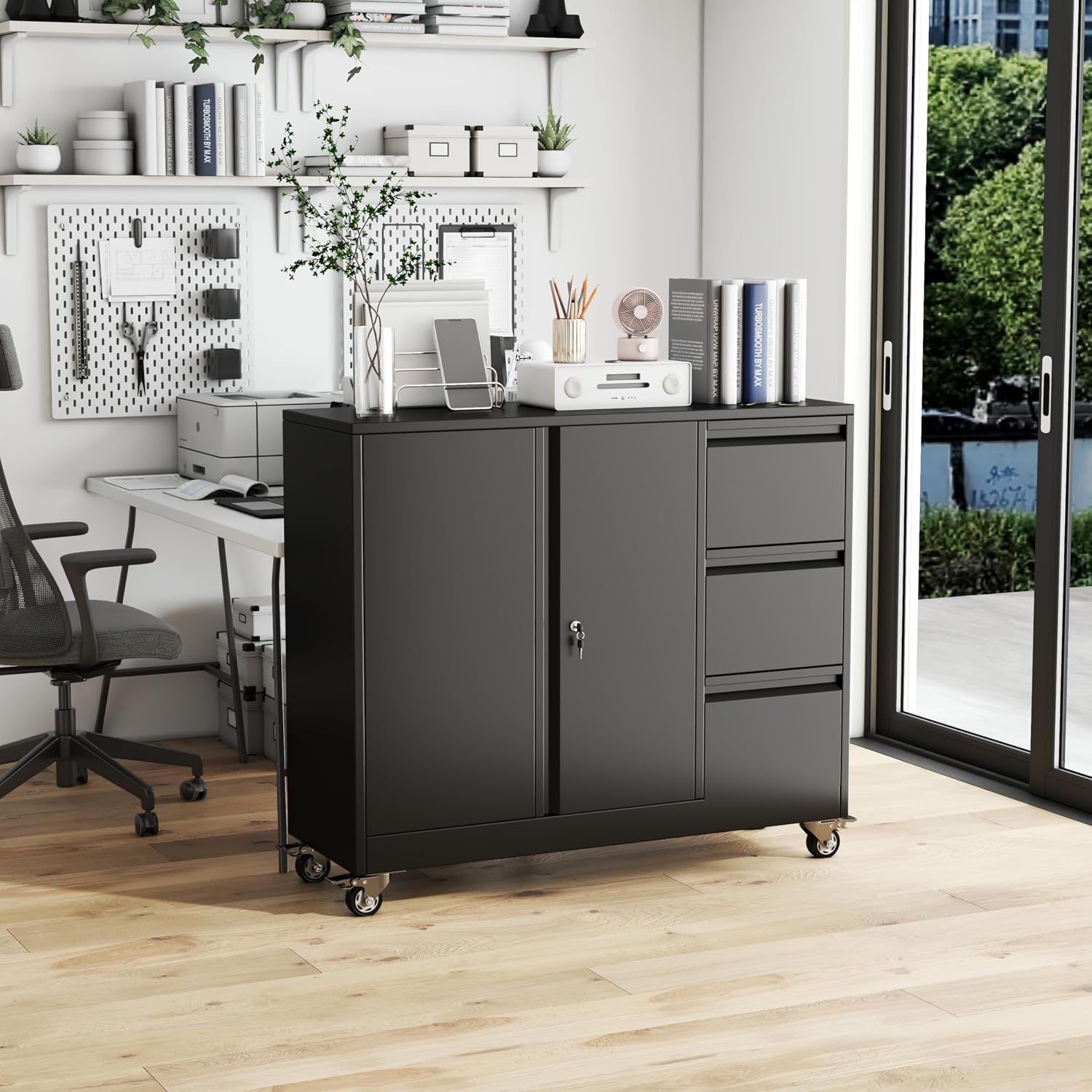 3 Drawer File Cabinet, Office Mobile Filing Cabinet, Printer Stand | All-in-One Office Storage, 3 Storage Drawers, 2 Adjustable Shelves, Lockable Cabinet, 4 Casters, 46.5-Inch Top