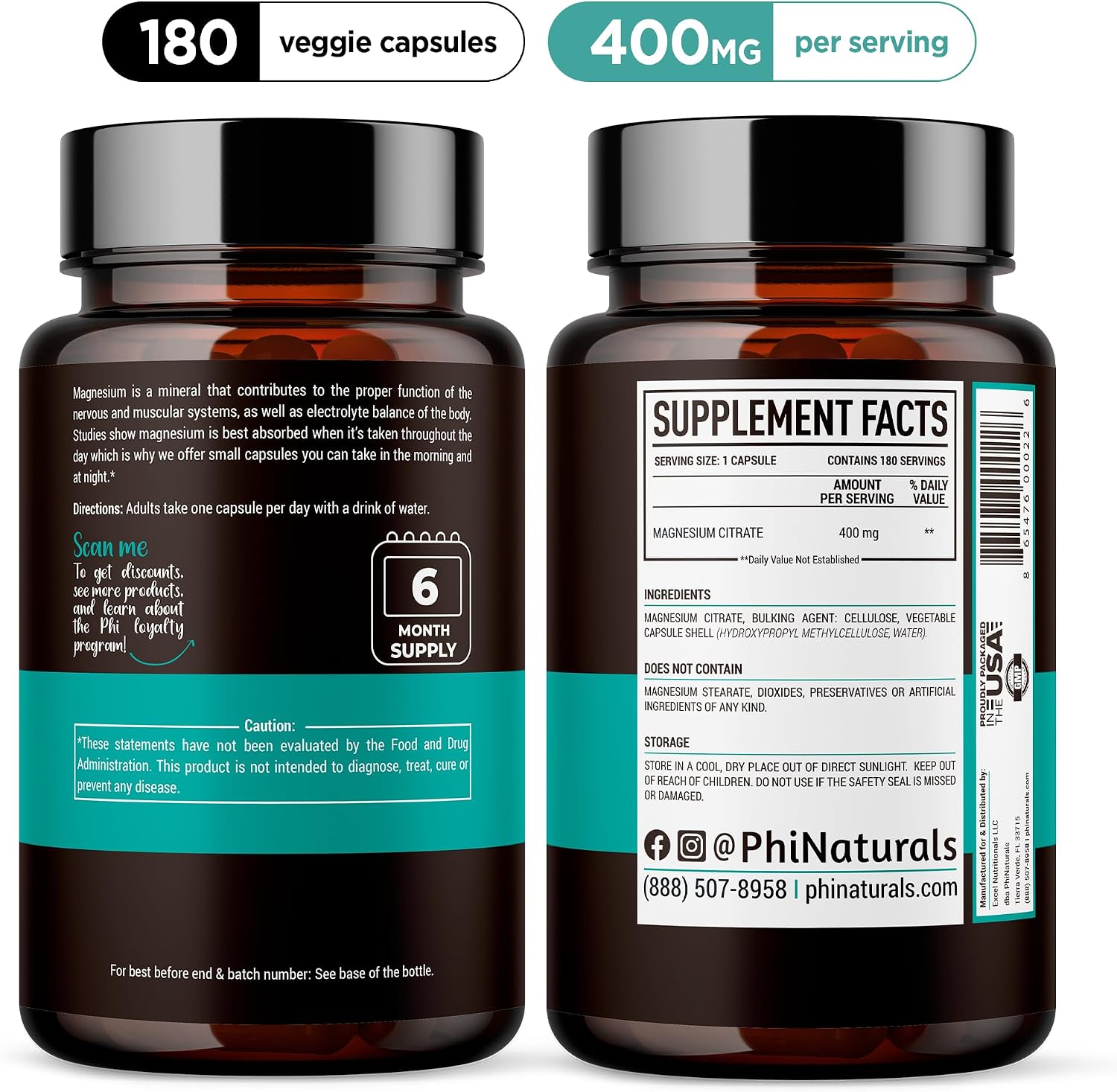Magnesium Citrate Powder Capsules 400mg - 180 Count Veg Caps - PhiNaturals Supplements - Nervous System Support and Enzyme Function