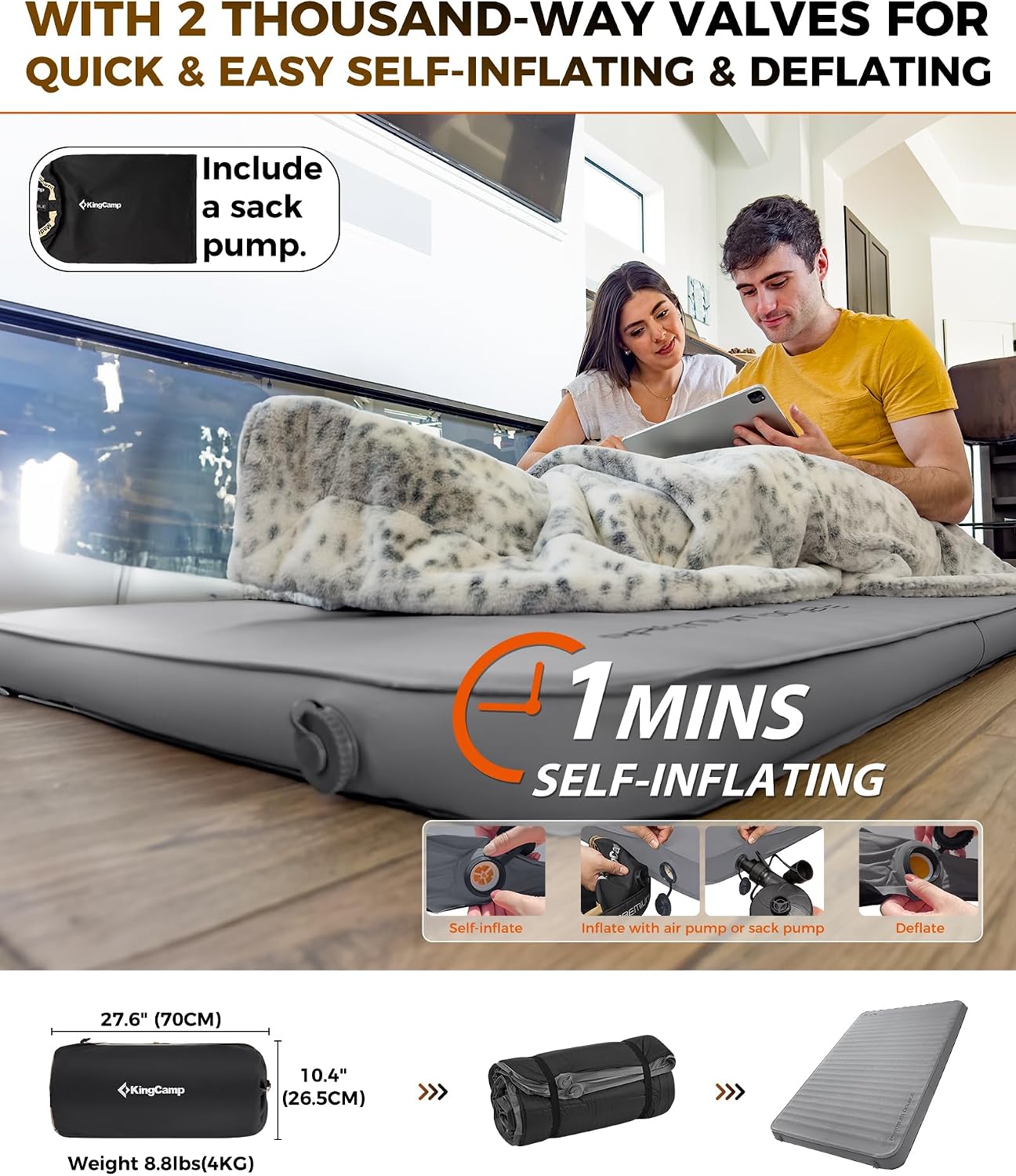 KingCamp Premium Double Camping Mattress, 7.5 R-Value, 2 Person Black