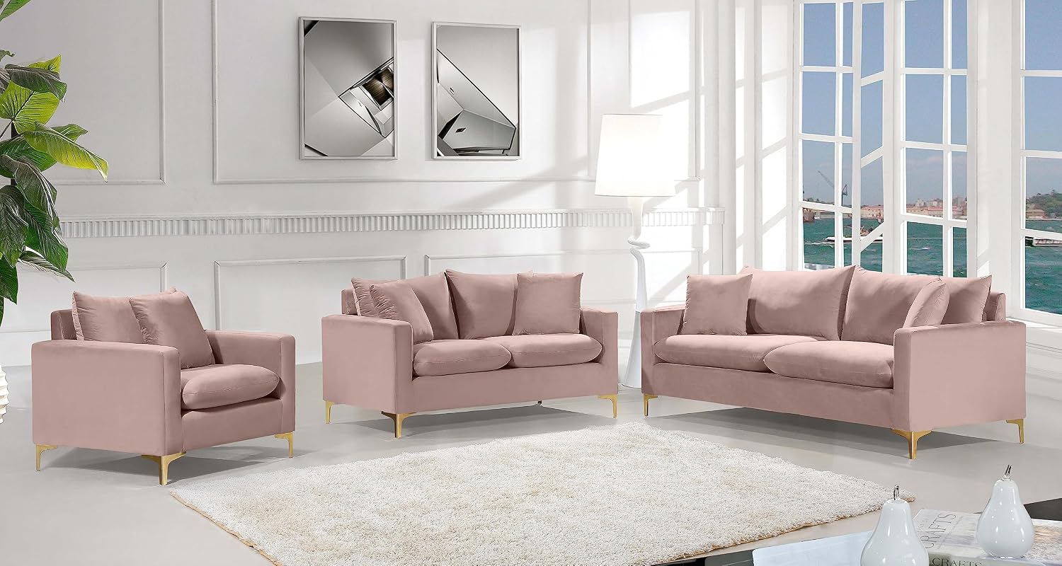 Meridian Furniture Naomi Collection Modern | Contemporary Grey Velvet Upholstered Loveseat with Stainless Steel Base in a Rich Gold or Chrome Finish, 633Grey-L
