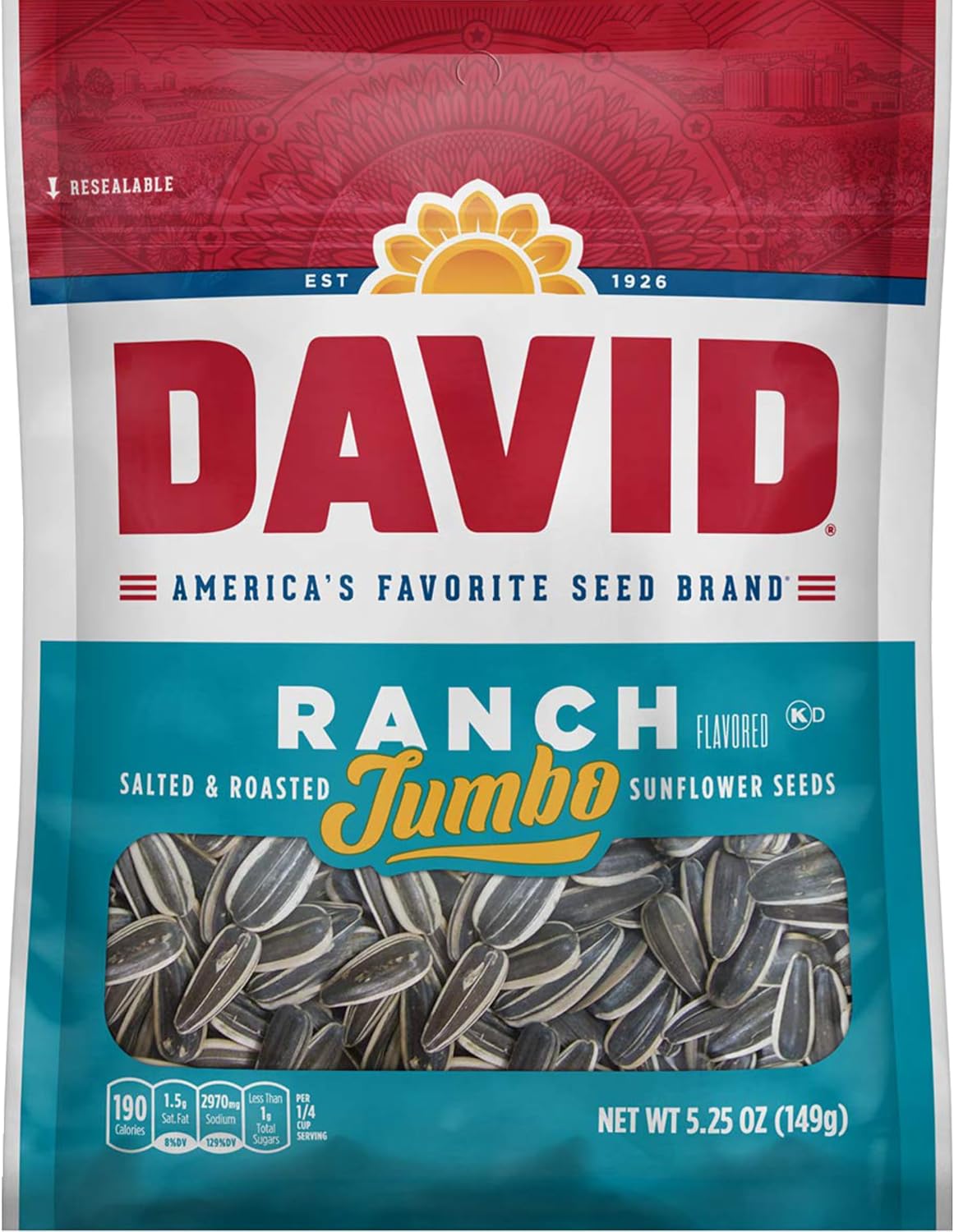 DAVID SEEDS Roasted and Salted Original Jumbo Sunflower Seeds, Keto Friendly, 5.25 Oz, 12 Pack