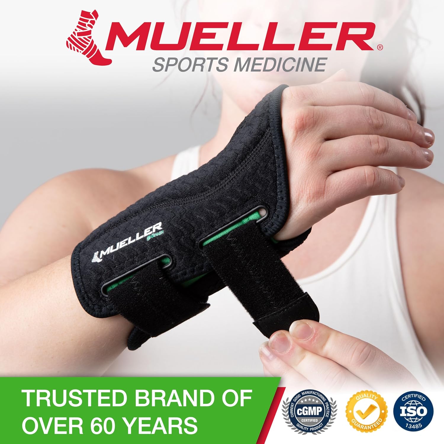 MUELLER Sports Medicine Green Fitted Wrist Brace for Men and Women, Wrist Pain Relief Support, Ideal for Carpal Tunnel, Tendonitis, Arthritis, Right Hand, Black, Small/Medium