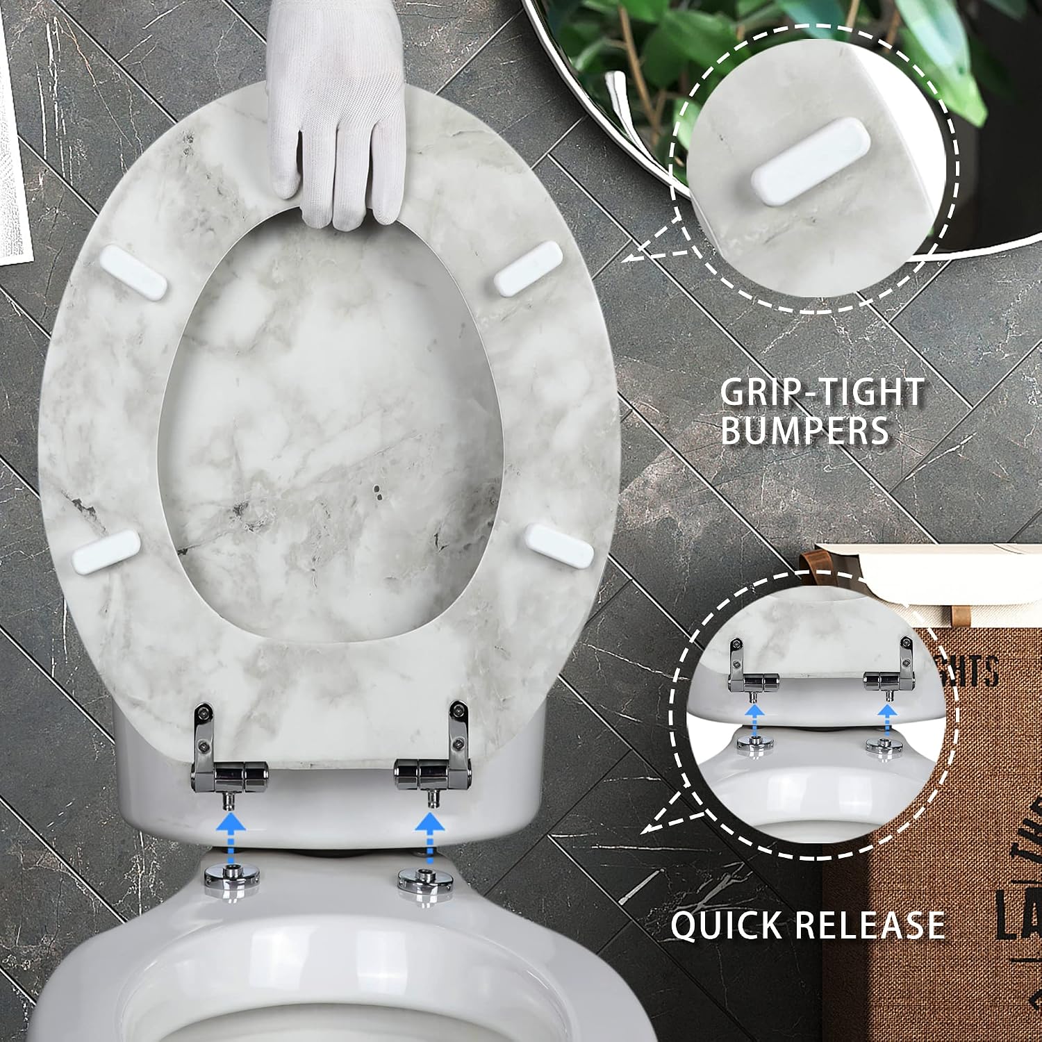 Angel Shield Marble Toilet Seat Durable Molded Wood with Quiet Close,Easy Clean，Quick-Release Hinges (Elongated,Black Marble)