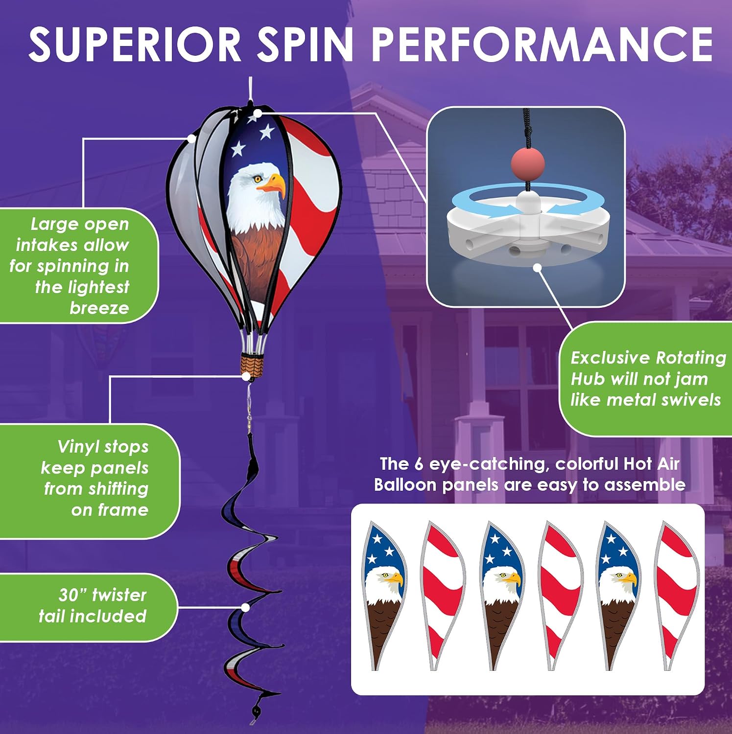 Hot Air Balloon Hanging Garden Spinner 16" - Vibrant Patriotic Design, Weather-Resistant Outdoor Decor, Durable & Lightweight for Patios, Yards, and Gardens - Eye-Catching Wind Spinner