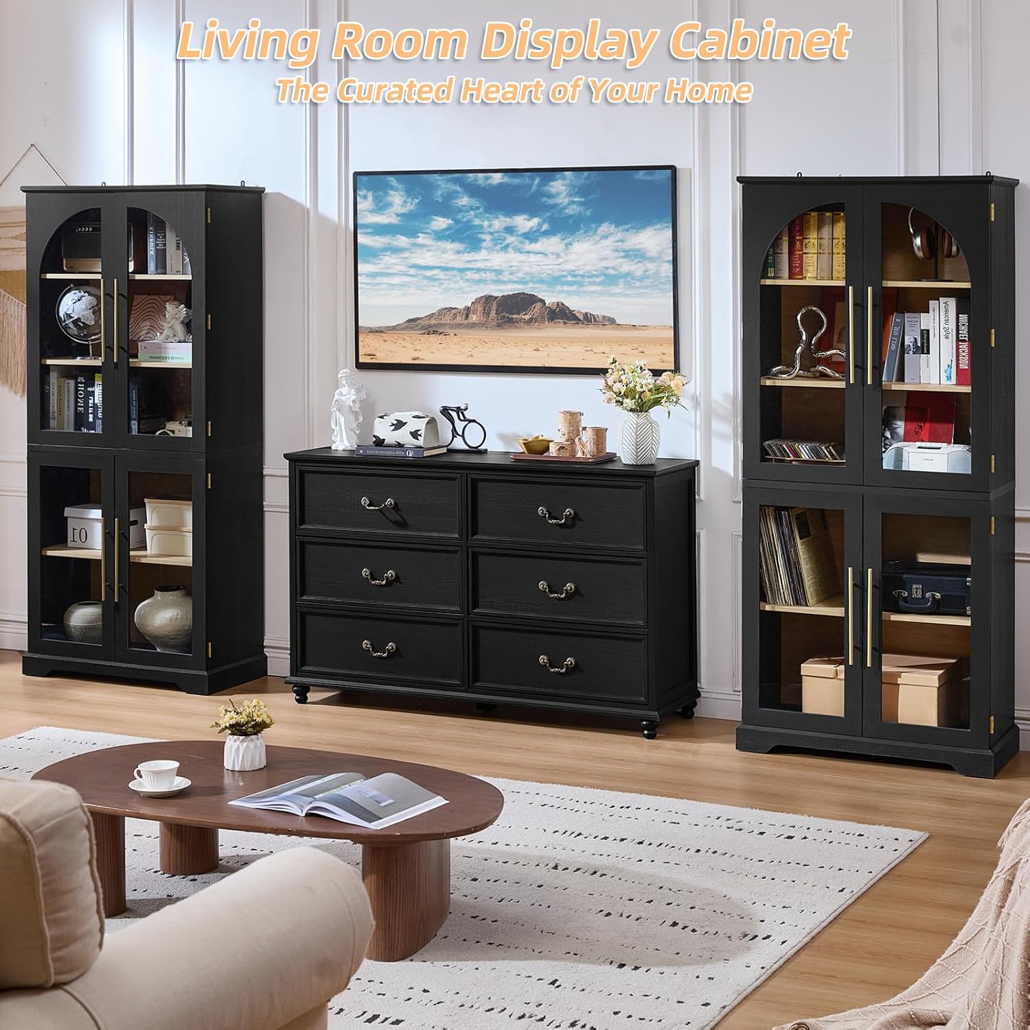 Joaxswe 72" Tall Bookshelf with 4 Curved Glass Doors, Farmhouse Bookcase with 3-Tier Adjustable Shelves, Modern Living Room Display Cabinet, Large Storage Cabinet for Home Office,Dining Room, Natural