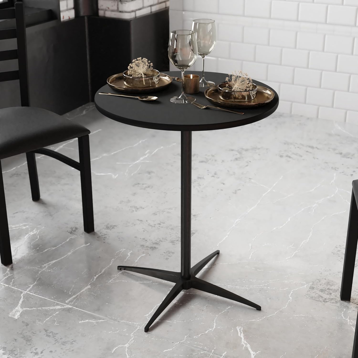Flash Furniture Lars 24" Round Wood Cocktail Table with 30" and 42" Adjustable Columns, Adjustable Bar Height, for Events or Home Use