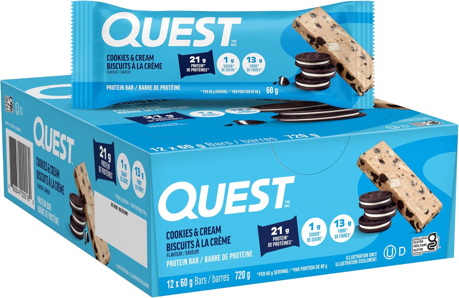 Quest Nutrition Oatmeal Chocolate Chip Protein Bars, 20g Protein, 12 Count | 12g Fiber, 5g Net Carbs, 1g Sugar, Gluten Free, High Quality Protein, Soft and Chewy, Individually Wrapped 2.12oz Bars