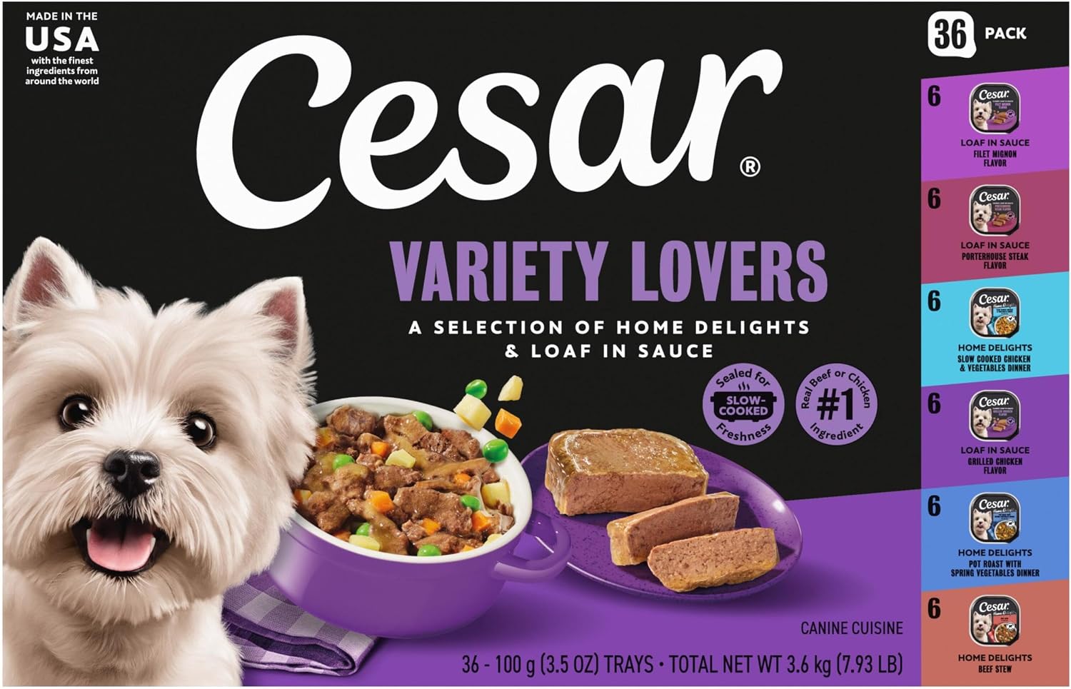 Cesar Wet Dog Food, Steak Lovers Variety Pack, 3.5 oz, 36 Count | Real meat #1 ingredient, easy peel trays, 100% complete & balanced, no fillers, no added sugar, no artificial flavors