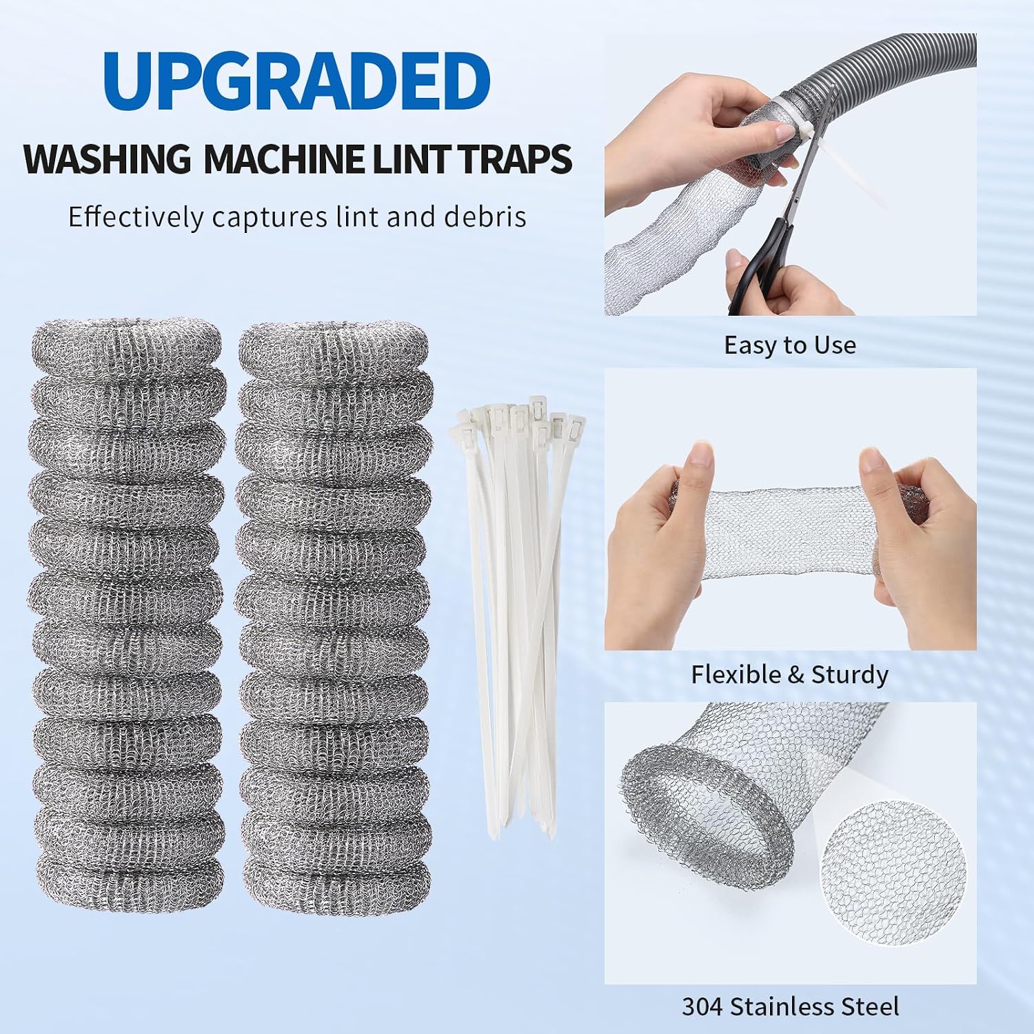 SUNHE YHK Lint Traps for Washing Machine, 40 Pieces | Stainless Steel Laundry Mesh Washer Hose Filter, 40 pcs Cable Ties, Catches Lint