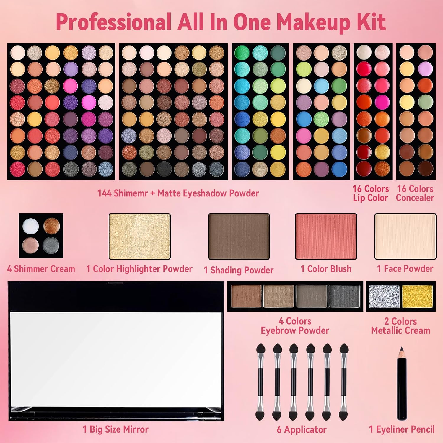 CHARMCODE 190 Colors Cosmetic Make up Palette Set Kit Combination with Eyeshadow Facial Blusher Eyebrow Powder Face Concealer Eyeliner Pencil A