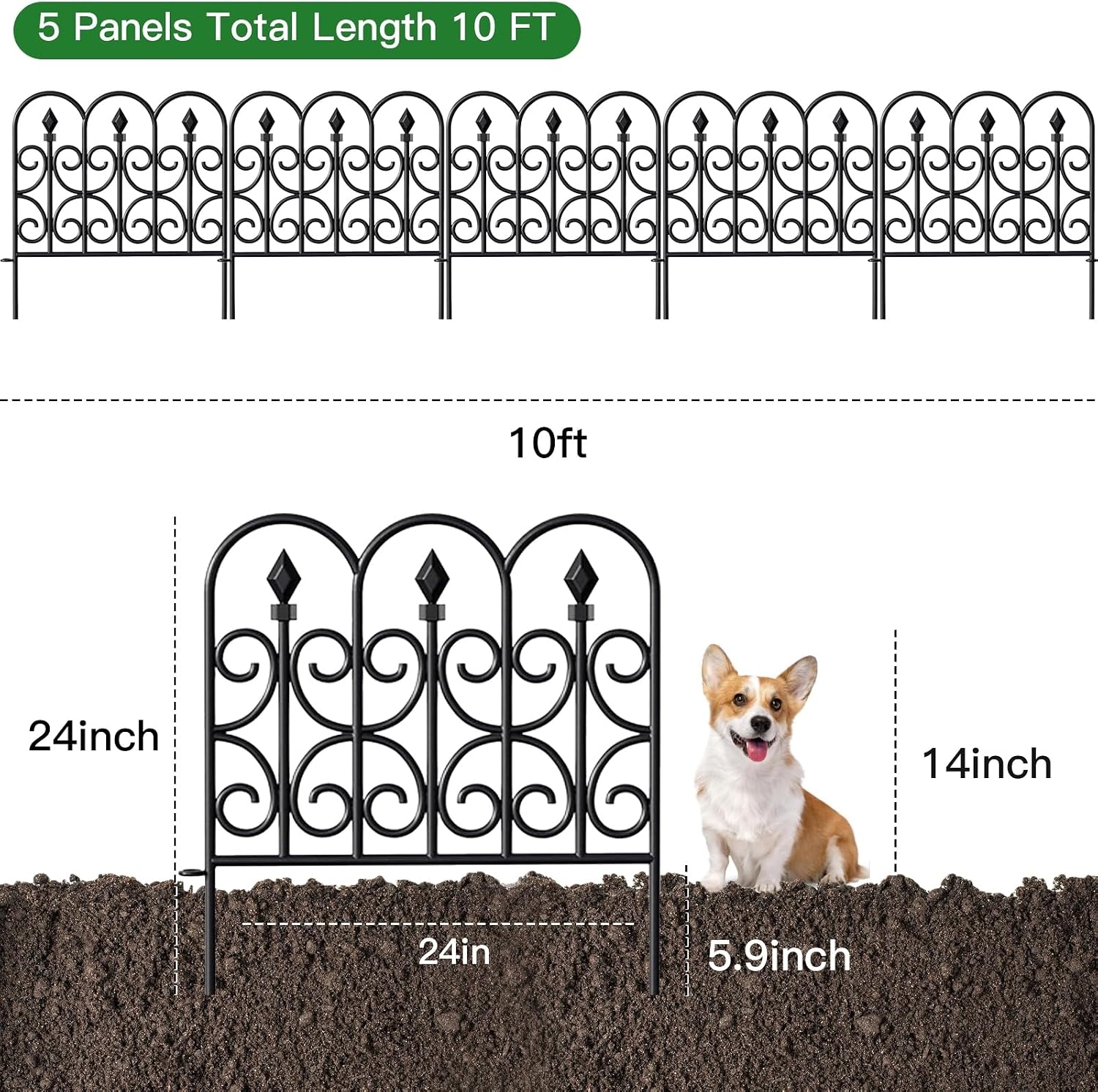 AMAGABELI GARDEN & HOME 5 Panels 32in(H)×10ft(L) Decorative Garden Fences and Borders for Dogs No Dig Rustproof Metal Fence Panels Garden Edging Border Animal Barrier Fencing for Flower Beds Black