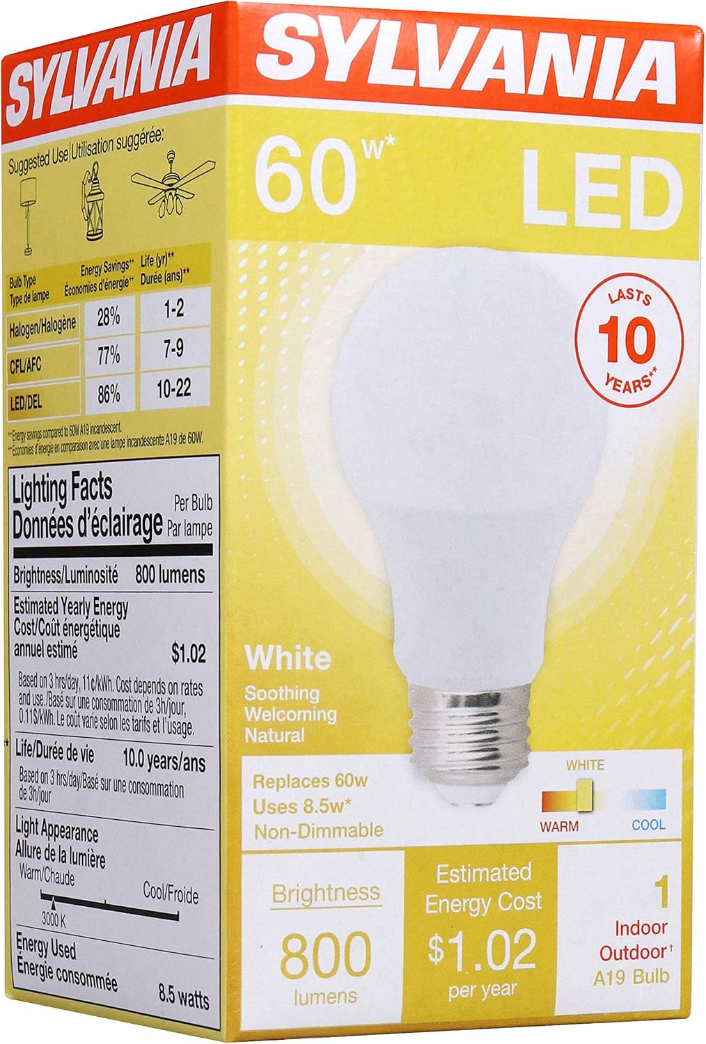 Sylvania LED A19 Light Bulb, 100W = 14W, Non-Dimmable, Frosted Finish, 1500 Lumens, 2700K, Soft White - 4 Pack (78101)
