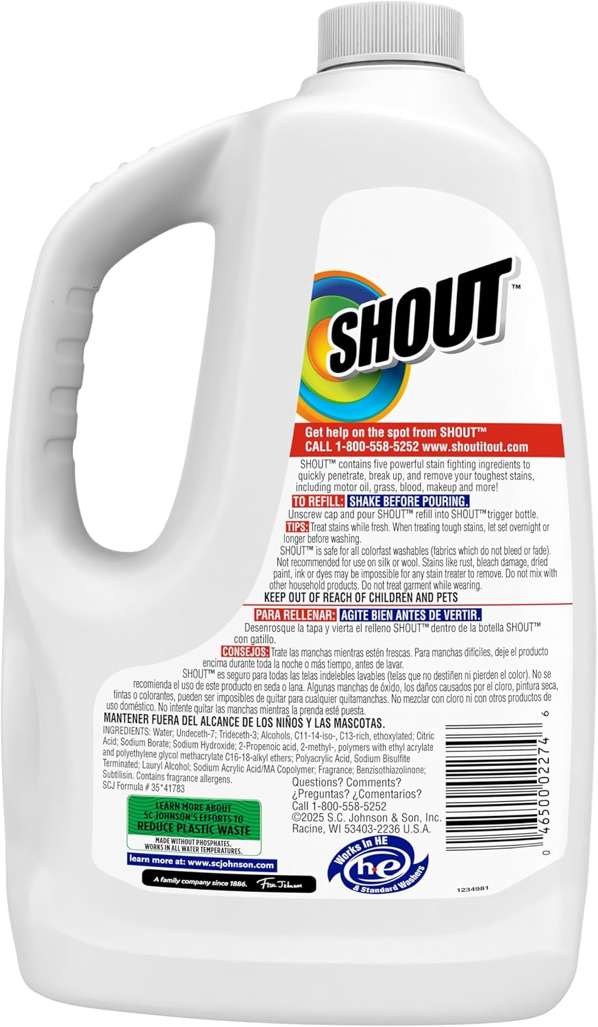 Shout Triple-Acting Laundry Stain Remover for Everyday Stains Liquid Refill, 60 Fl Oz