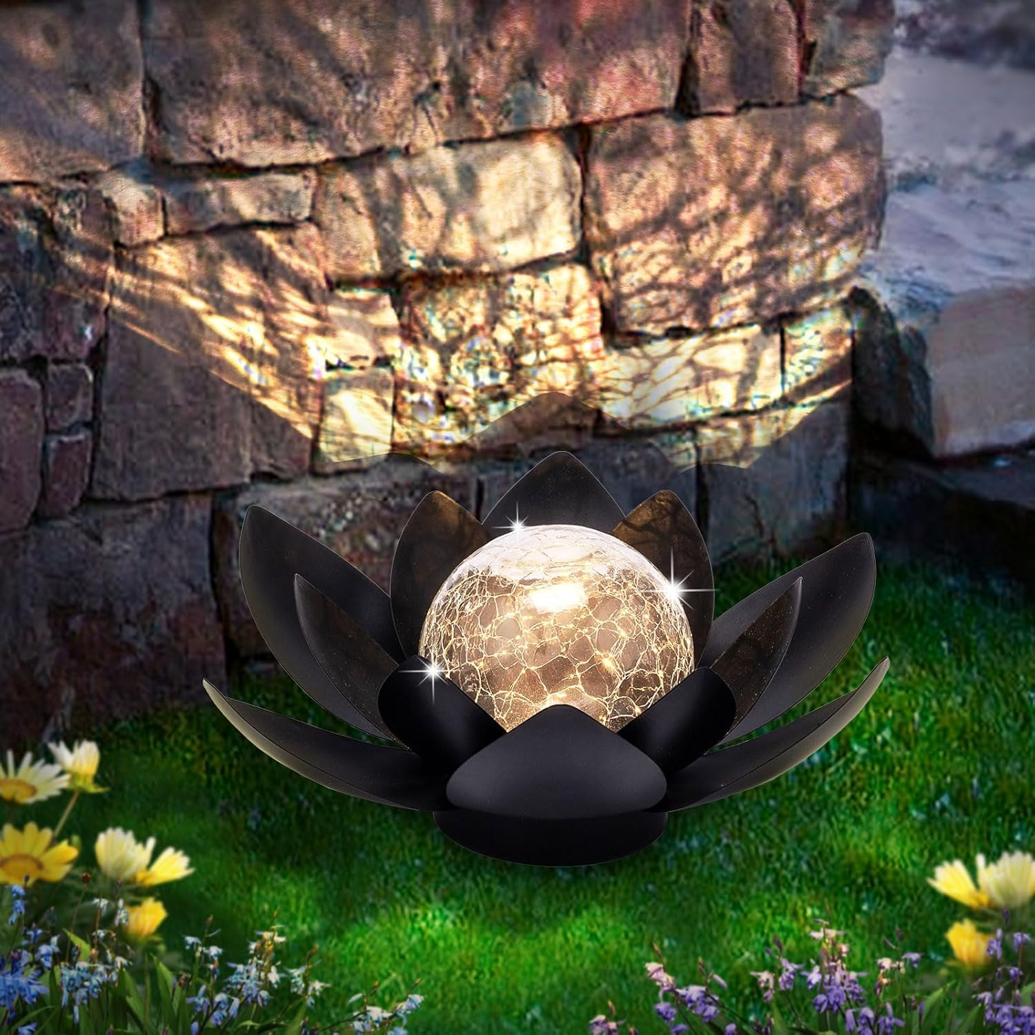 Huaxu Solar Lights Outdoor Garden, Crackle Globe Glass Lotus Decor, Waterproof LED Metal Flower Decorations for Patio,Lawn,Walkway,Tabletop,Ground
