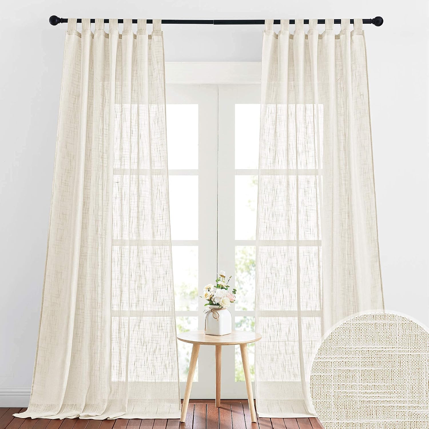 RYB HOME Linen Sheer Curtains - Linen Textured Semi Sheer Curtains for Kids Nursery Bedroom Living Room Window
