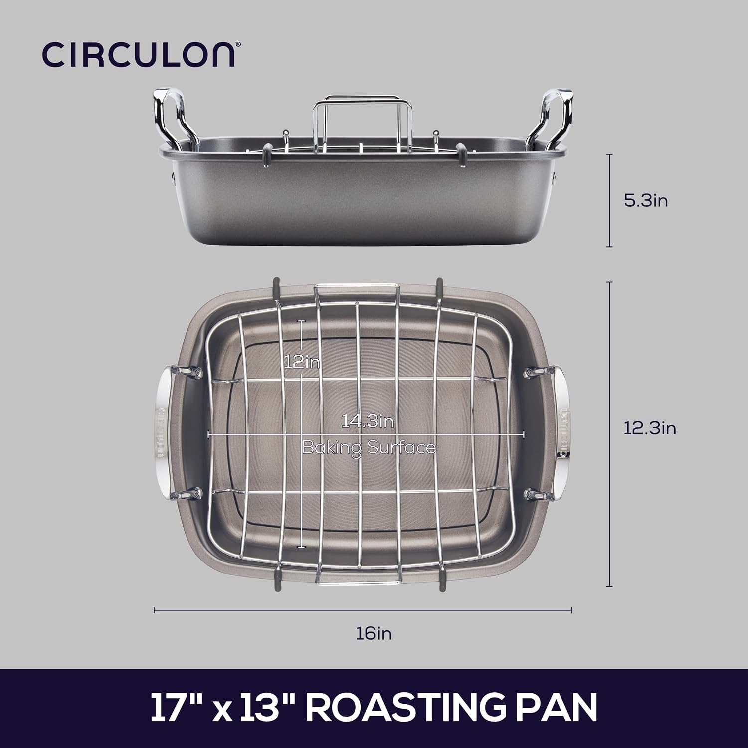 Circulon Total Bakeware Nonstick Roaster, Roasting Pan with Rack, 17-Inch x 13-Inch, Gray