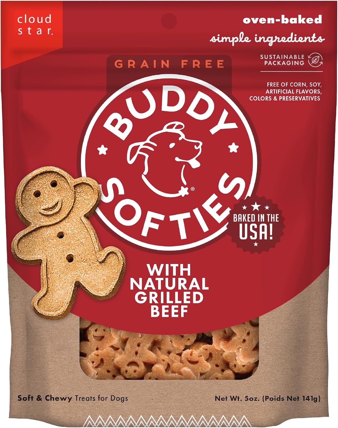 Buddy Biscuits Softies 5 oz Pouch, Grain-Free Soft & Chewy, Natural Grilled Beef Flavor Dog Treats, Oven Baked in the USA
