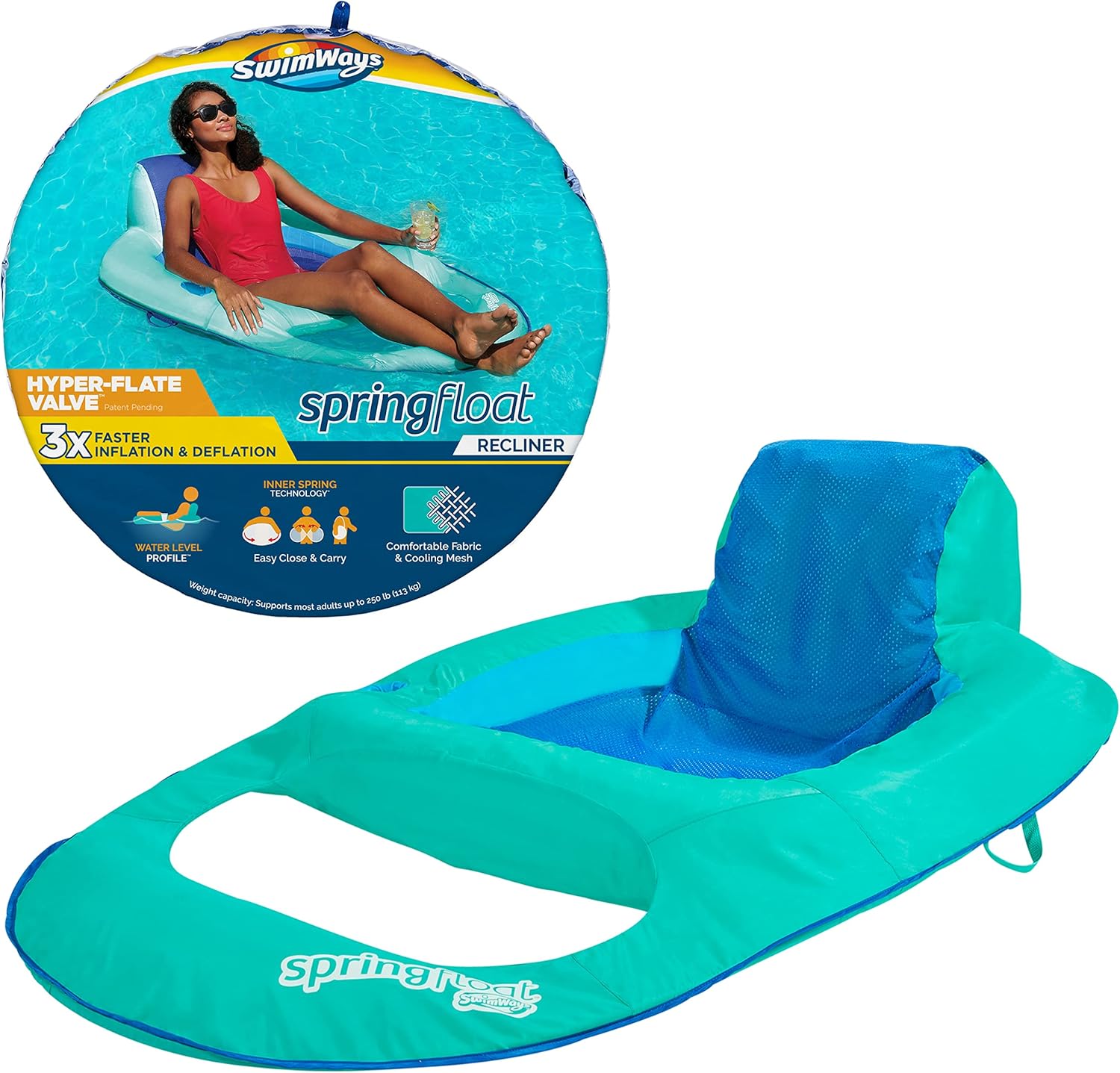 SwimWays Spring Float Recliner Chair for Swimming Pool, Inflatable Pool Floats Adult with Fast Inflation, Cup Holder & Foot Rest for Ages 15 & Up