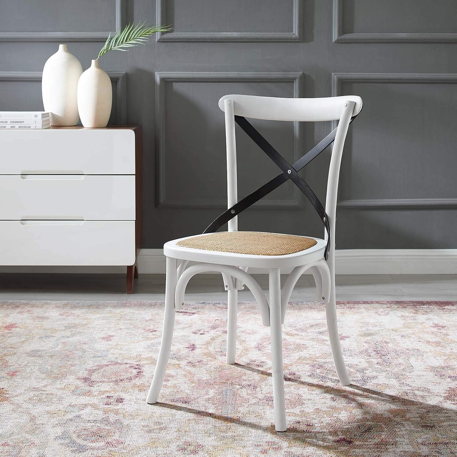 Modway Gear Rustic Modern Farmhouse Elm Wood Rattan Dining Chair in Gray