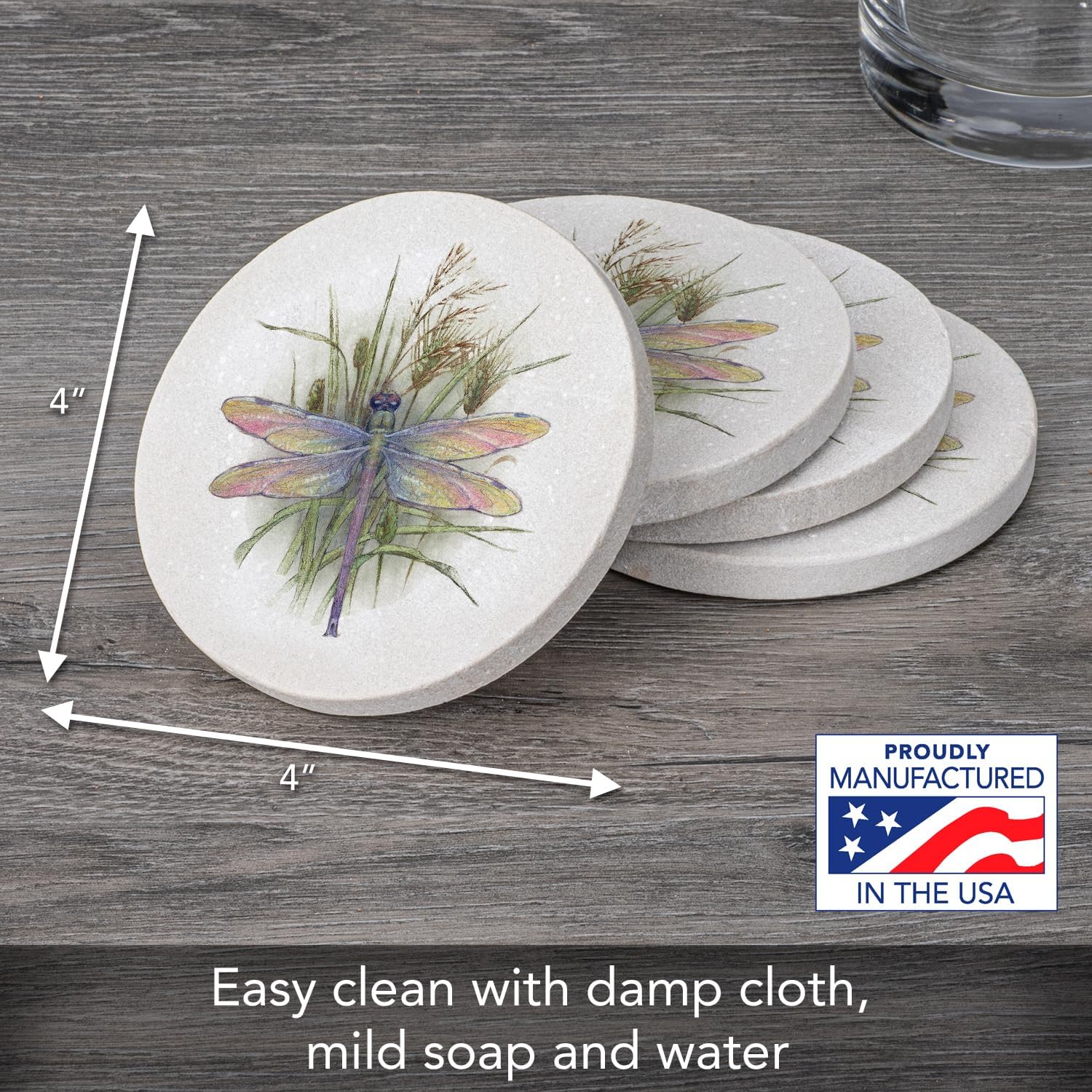 Thirstystone Dragonfly 4 Pack Round Natural Sandstone Coasters | Protective Cork Backing, Manufactured in the USA