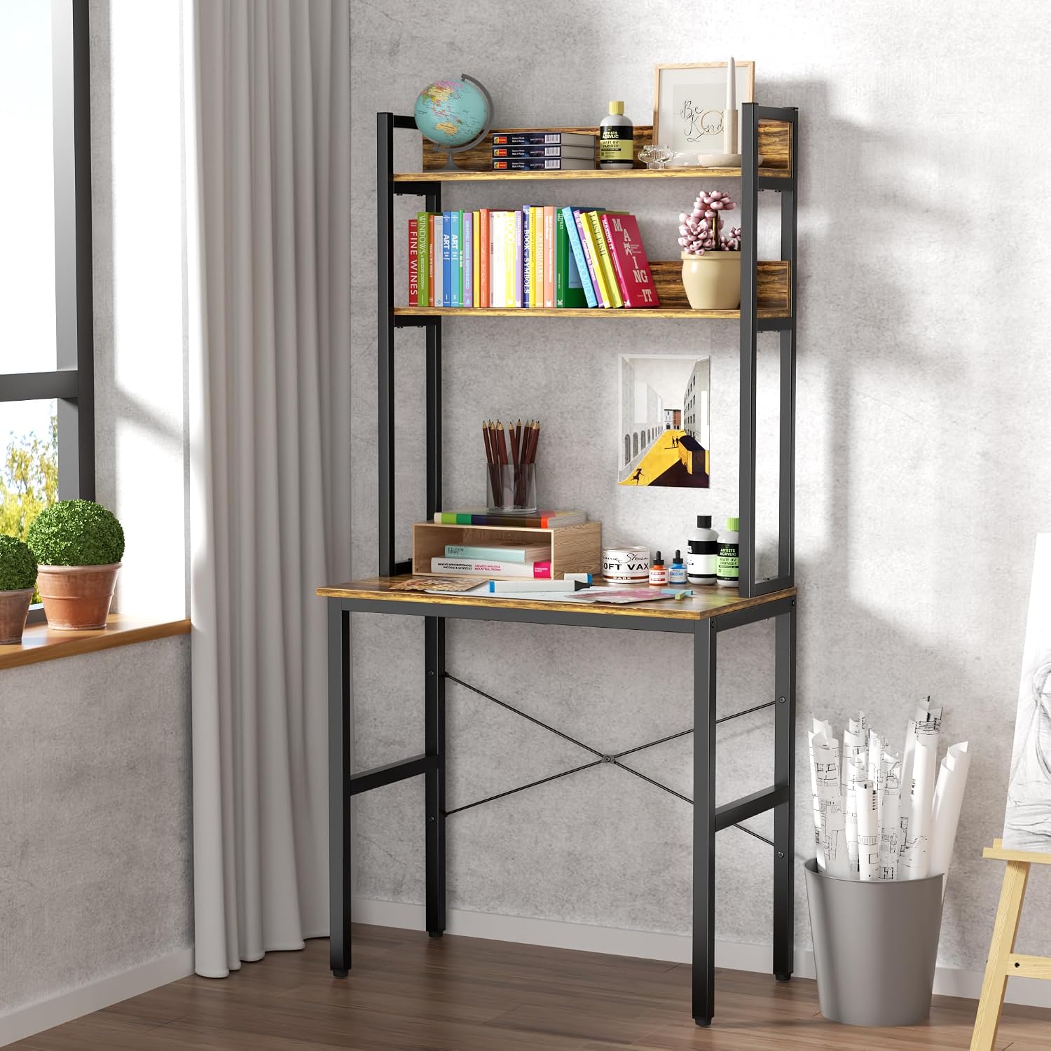 Aquzee Computer Desk with Shelves, 47" W x 23.6" D Gaming Desk with Hutch and Bookshelf