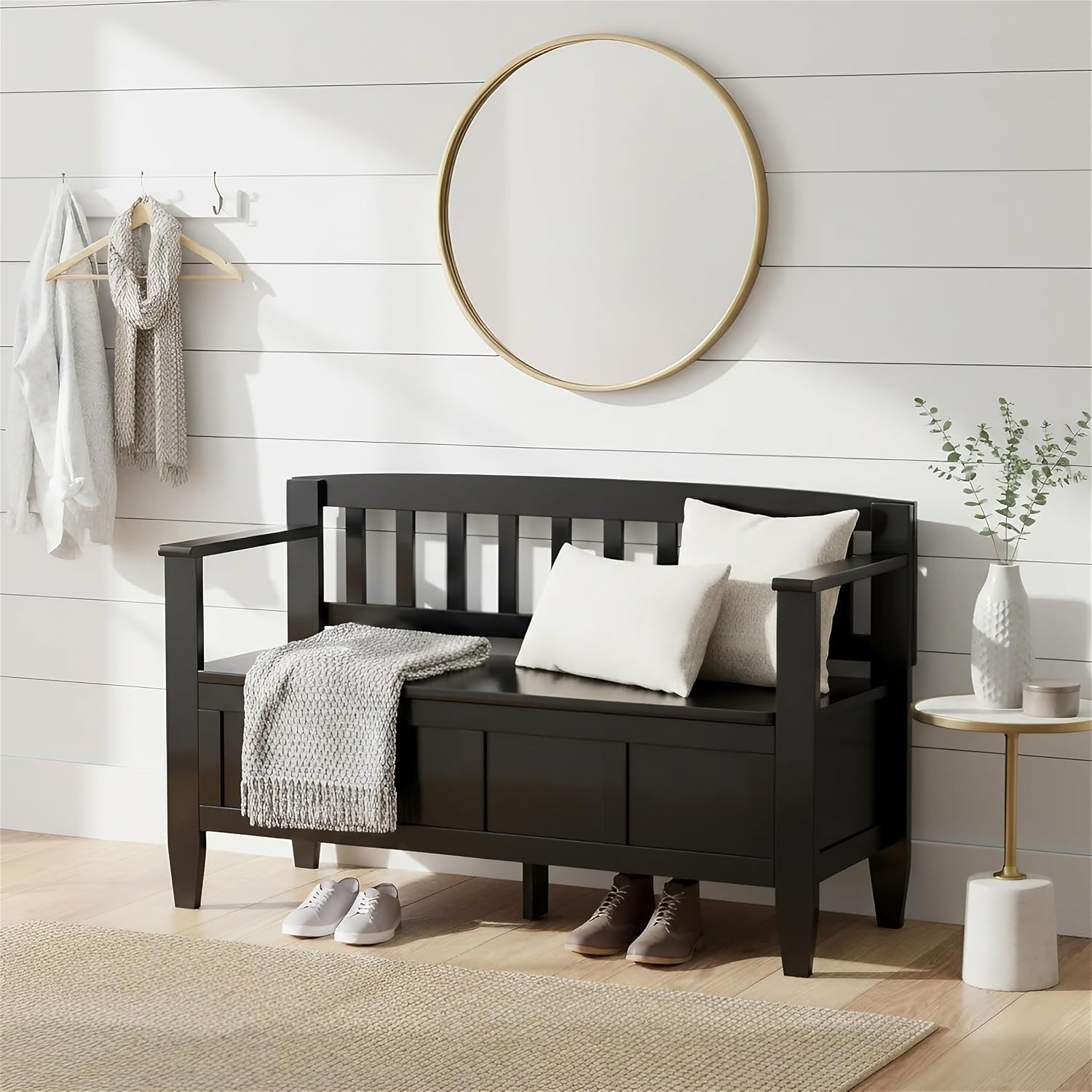 SIMPLIHOME Connaught 30" Wide Solid Wood Storage Bench in Chestnut Brown | Contemporary entryway bench with lift-up lid and hidden storage; mudroom, hallway, foyer, or shoe bench.