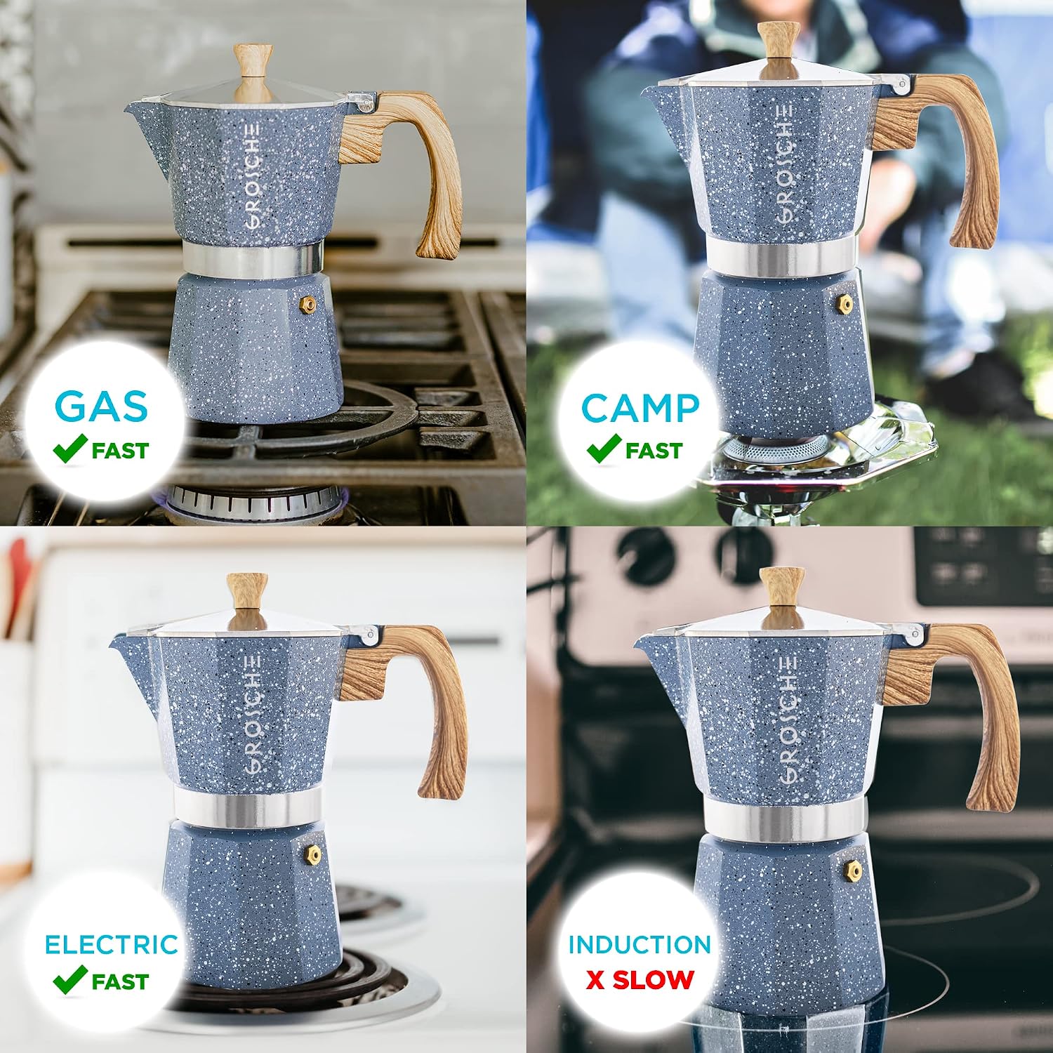 GROSCHE Milano Moka Pot | 9 Espresso Cup - 15.2 oz | Stovetop Espresso Percolator & Coffee Maker – Portable, Ideal for Home and Camping | Cuban Coffee Maker And Italian Moka Pot For Stovetop Espresso; For Gas, Electric, And Propane Stoves With A Soft-Tou…