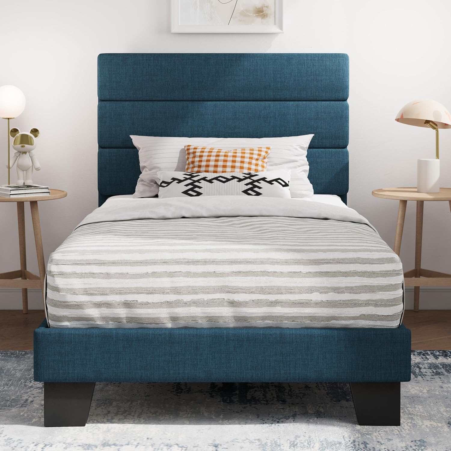 SHA CERLIN Full Platform Bed Frame with Upholstered Fabric Headboard, Grey