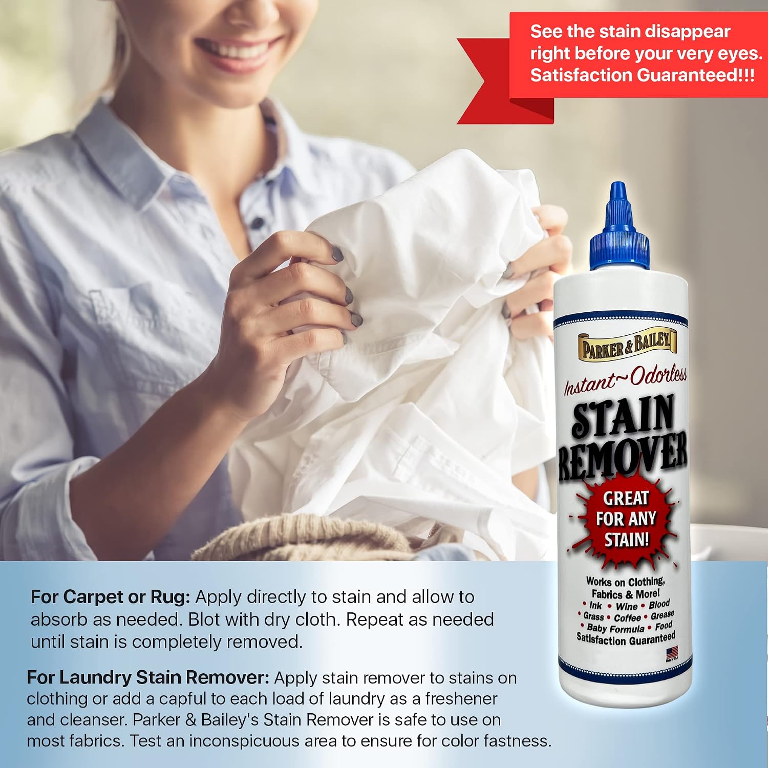Parker & Bailey Liquid Stain Remover - Instant Stain Removal on Laundry Clothing Fabric Ink Grease Blood Grass Coffee Wine Food Carpet Upholstery Spot Cleaner Odor Free Detergent Booster, 8oz