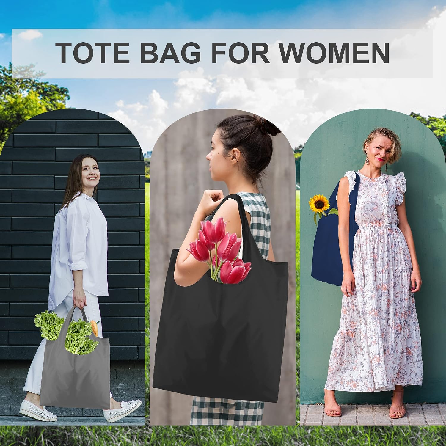 BeeGreen Grocery Bags | Reusable Gift Bags, Large Tote for Women & Foldable Beach Bag - 6 Pack Reusable Bag With Handles | Collapsible Cute Cloth Storage for Market, Holiday & Shopping | Washable​