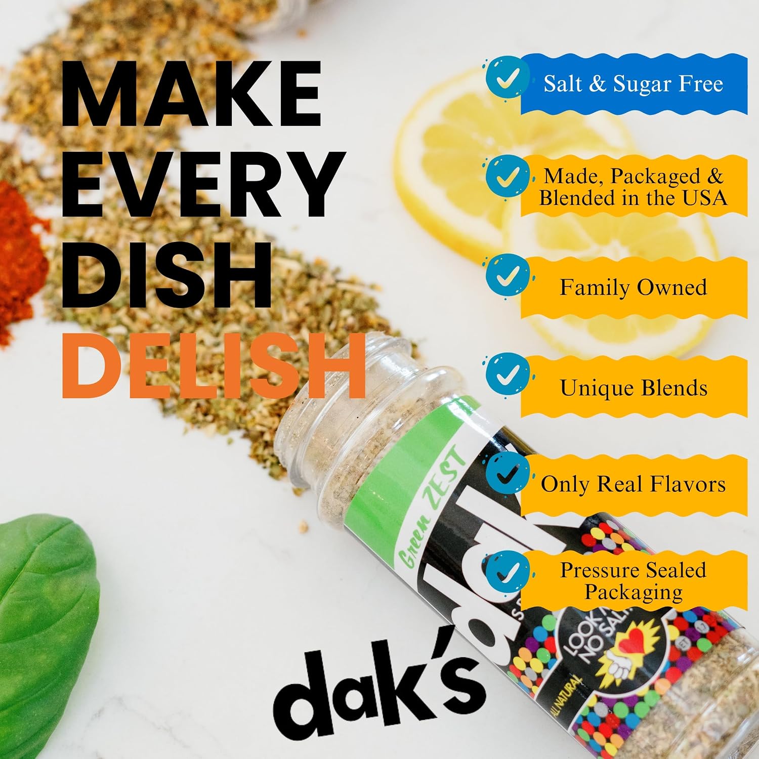 DAK's Spices Green Zest Seasoning Blend | 100% Salt & Sugar Free | Premium & Healthy Seasoning | MSG Free, Preservative Free, Potassium Chloride Free | Low Carb & Keto Friendly | Perfect for Clean Eating & Adding Flavor to Recipes | 1.5 oz