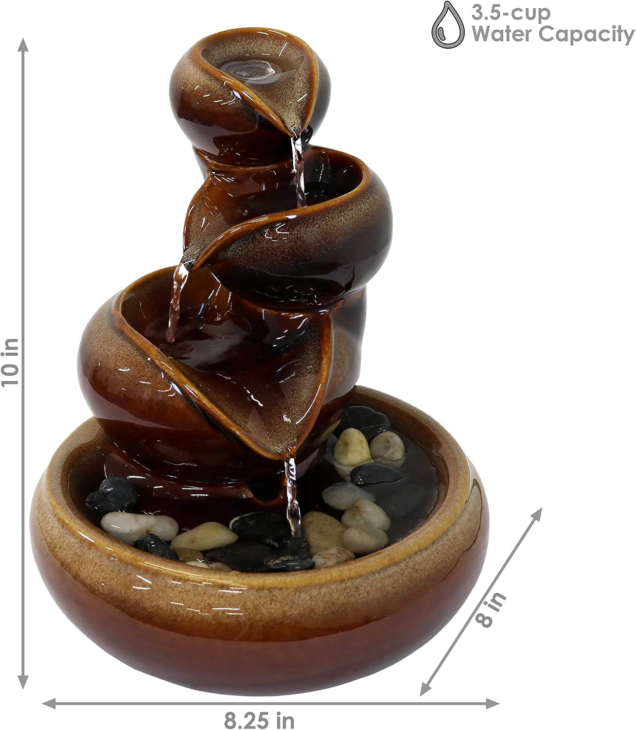 Sunnydaze 10" Tiered Vessels Ceramic Tabletop Fountain, Smooth Glaze, Brown