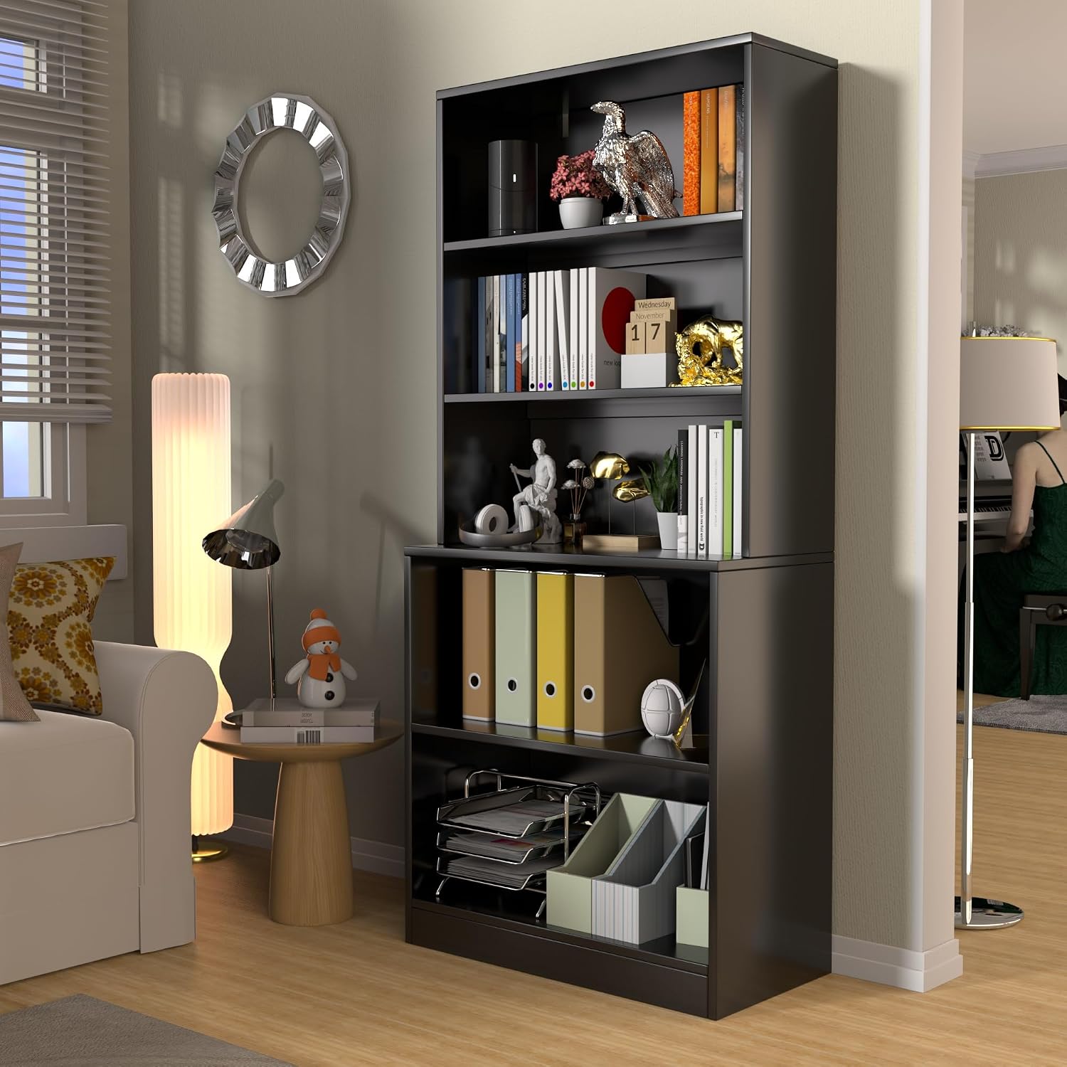 holzart 71" Tall Book Shelf, 5 Tier Large Bookshelf, Standing Wood Display Book Shelf for Living Room, Office, Library with Doors, 31.5" W x 70.87" H x 11.81" D, White